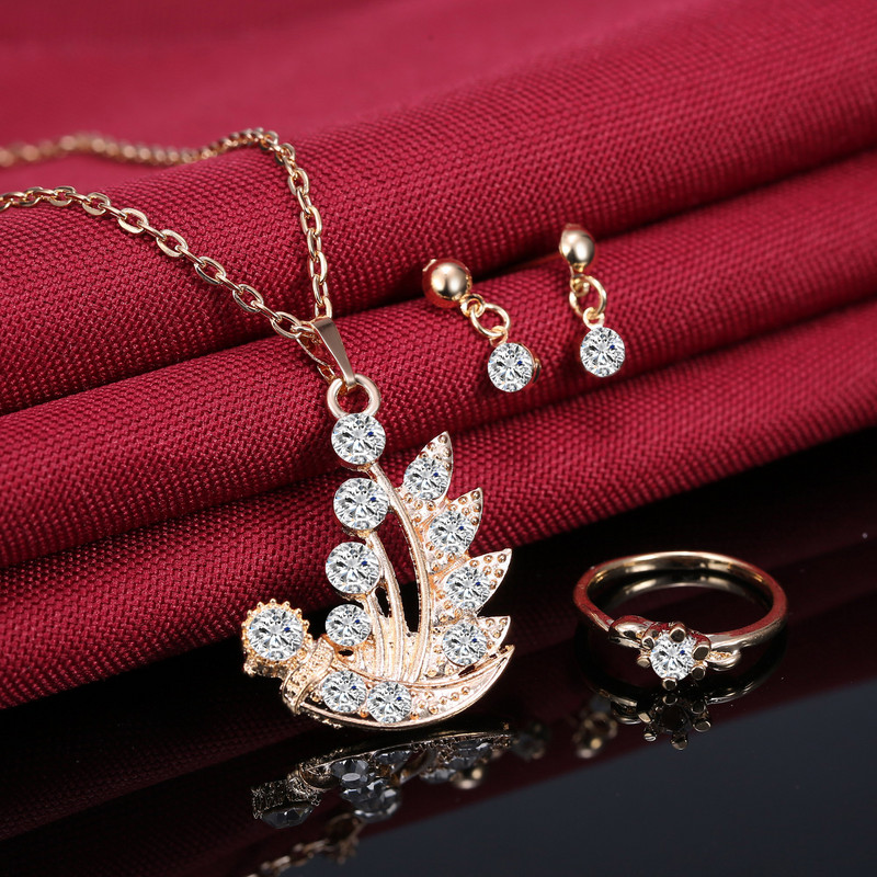 Set de bijuterii elegante pentru femei, 3 bucăți, de culoare aurie, cu pandantiv de flori, coliere, cercei, inele, modă, mireasă, domnișoară de onoare, accesorii de nuntă