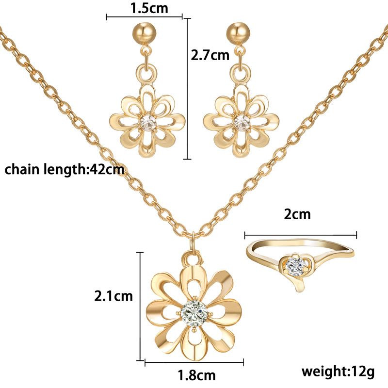 Set de bijuterii elegante pentru femei, 3 bucăți, de culoare aurie, cu pandantiv de flori, coliere, cercei, inele, modă, mireasă, domnișoară de onoare, accesorii de nuntă