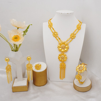 Луксозни комплекти бижута с кристално цвете Дубай златен цвят за жени Булчински комплекти колиета с дълъг пискюл Комплекти африкански арабски сватбени подаръци