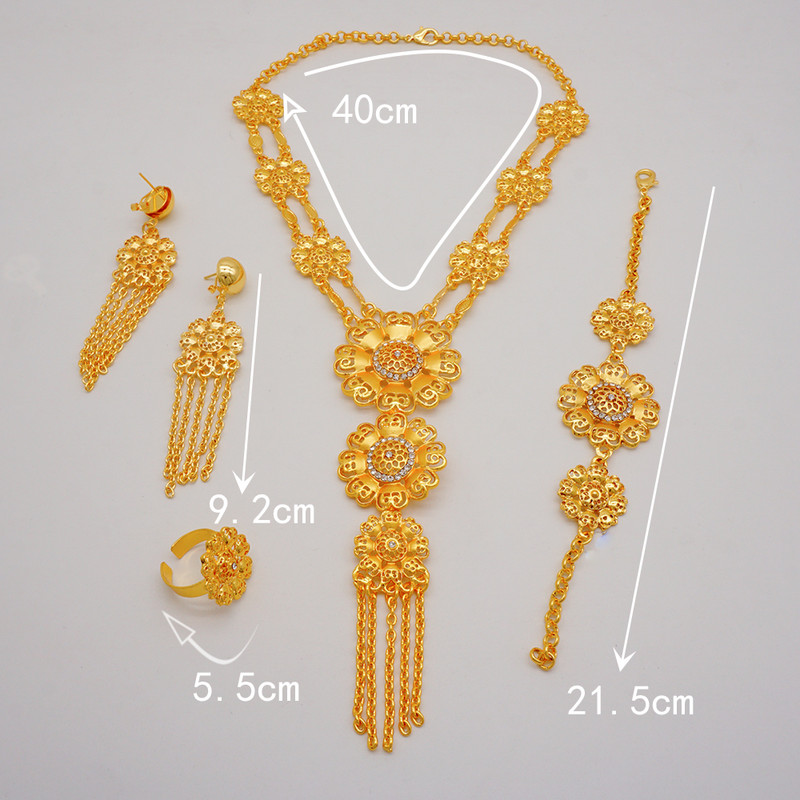 Prabangūs krištolo gėlių Dubajaus aukso spalvos papuošalų rinkiniai moterims nuotakos ilgų kutų karolių rinkiniai Afrikos arabų vestuvių vakarėlio dovanos