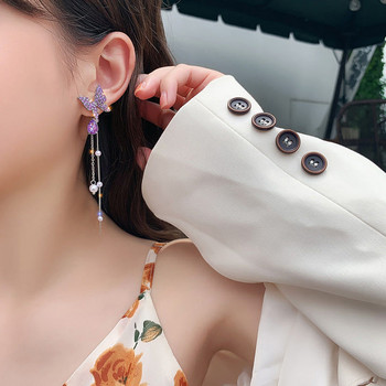 Корейска модна лилава кристална пеперуда обеца с капка за жени Верига с перлени пискюли Обеци с кристали Бижута Pendientes Mujer