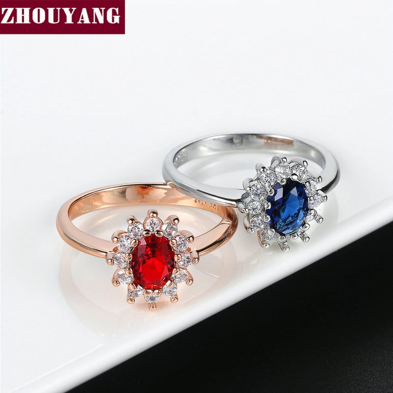 ZHOUYANG Printesa Kate Blue Gem Creat Blue Crystal Inel de nunta cu cristale de culoare argintie Bijuterii de marca pentru femei ZYR076