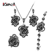 Kinel Set de bijuterii cu trandafiri de cristal gri fierbinte pentru femei, inel din argint tibetan, colier, cercei, bratara, seturi de bijuterii de nunta de epocă