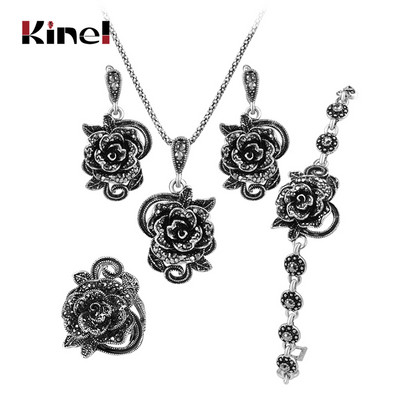 „Kinel Hot Grey Crystal Roses“ papuošalų rinkinys moterims Tibeto sidabro žiedas, karoliai, auskarai, apyrankės, vintažiniai vestuvinių papuošalų rinkiniai