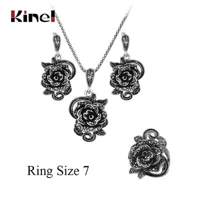 Kinel Set de bijuterii cu trandafiri de cristal gri fierbinte pentru femei, inel din argint tibetan, colier, cercei, bratara, seturi de bijuterii de nunta de epocă