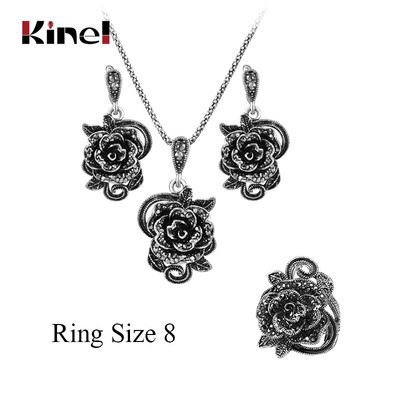 Kinel Set de bijuterii cu trandafiri de cristal gri fierbinte pentru femei, inel din argint tibetan, colier, cercei, bratara, seturi de bijuterii de nunta de epocă