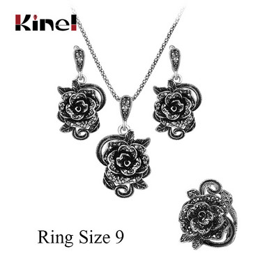 Kinel Set de bijuterii cu trandafiri de cristal gri fierbinte pentru femei, inel din argint tibetan, colier, cercei, bratara, seturi de bijuterii de nunta de epocă