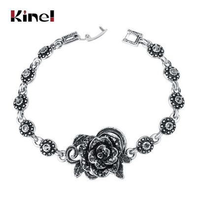Kinel Set de bijuterii cu trandafiri de cristal gri fierbinte pentru femei, inel din argint tibetan, colier, cercei, bratara, seturi de bijuterii de nunta de epocă