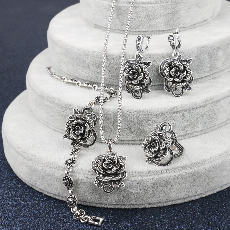 Kinel Set de bijuterii cu trandafiri de cristal gri fierbinte pentru femei, inel din argint tibetan, colier, cercei, bratara, seturi de bijuterii de nunta de epocă