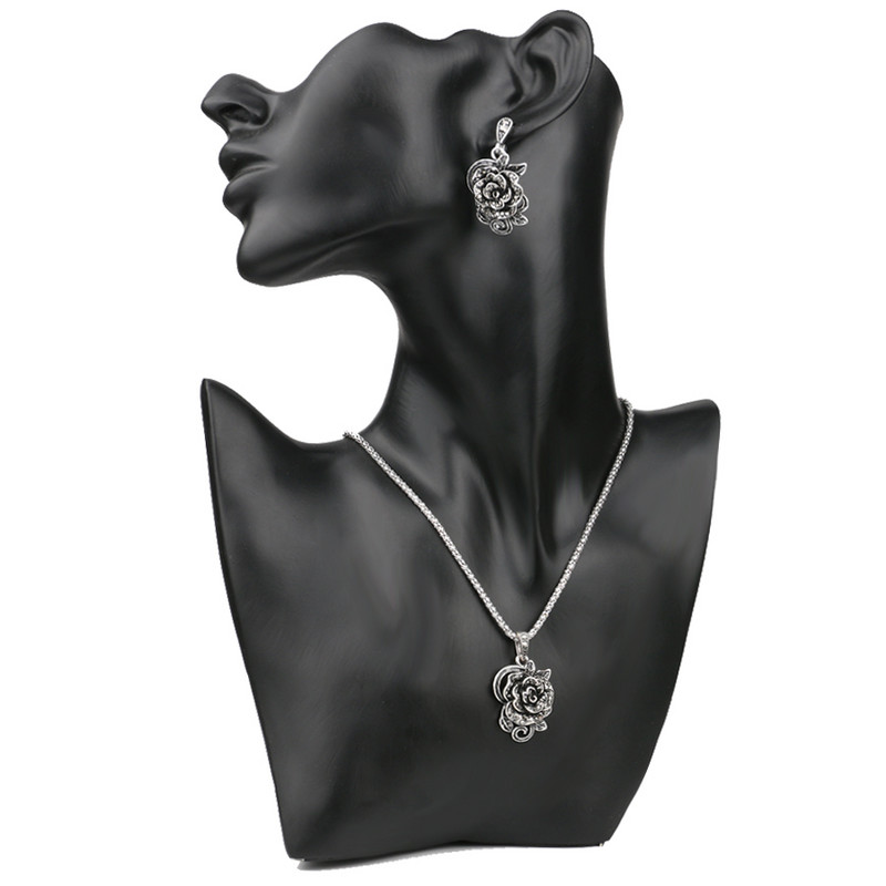 Kinel Set de bijuterii cu trandafiri de cristal gri fierbinte pentru femei, inel din argint tibetan, colier, cercei, bratara, seturi de bijuterii de nunta de epocă