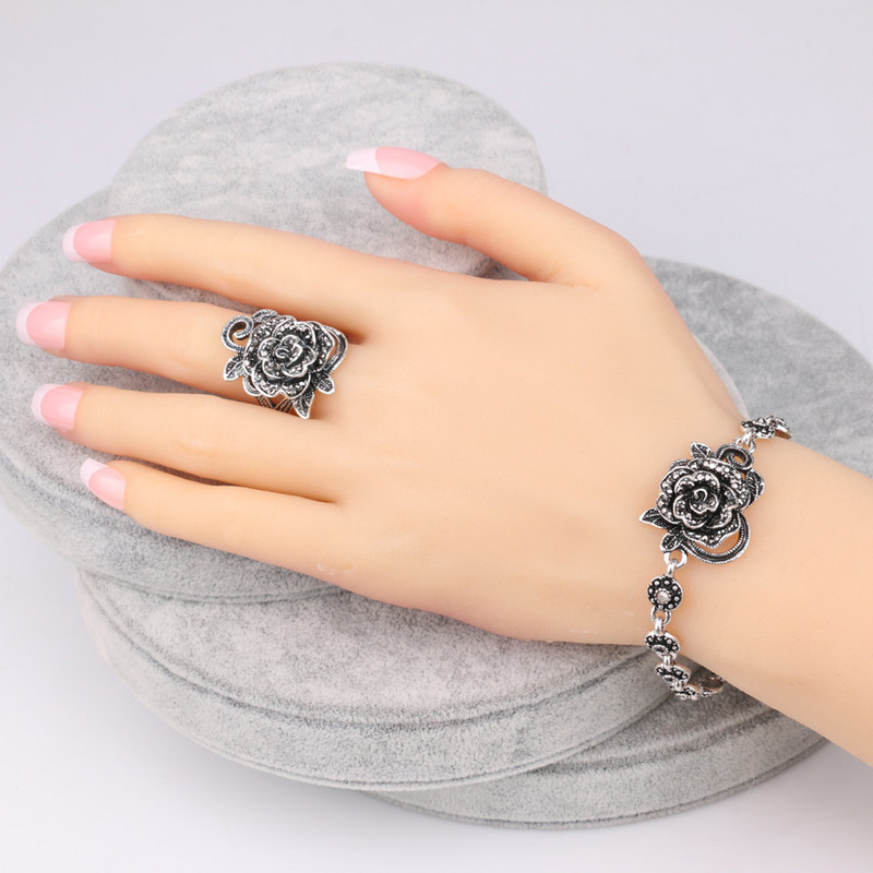 Kinel Set de bijuterii cu trandafiri de cristal gri fierbinte pentru femei, inel din argint tibetan, colier, cercei, bratara, seturi de bijuterii de nunta de epocă