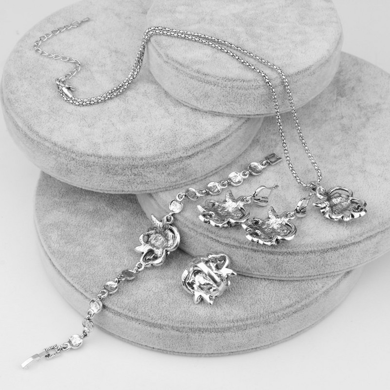 Kinel Set de bijuterii cu trandafiri de cristal gri fierbinte pentru femei, inel din argint tibetan, colier, cercei, bratara, seturi de bijuterii de nunta de epocă