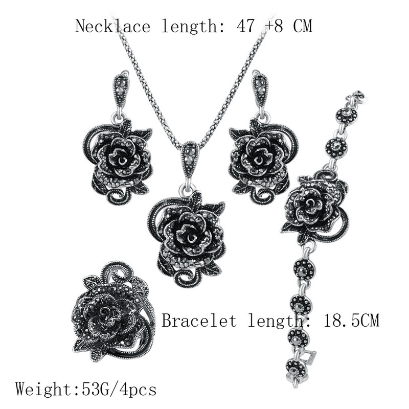 Kinel Set de bijuterii cu trandafiri de cristal gri fierbinte pentru femei, inel din argint tibetan, colier, cercei, bratara, seturi de bijuterii de nunta de epocă