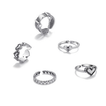 Корейски пънк любовен комплект пръстени със сърце 5 бр. Личност Темперамент Циркон Сребърен цвят Геометрични пръстени за жени Модни готически бижута