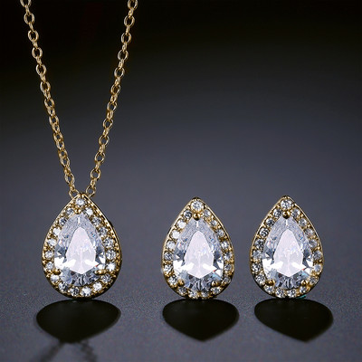 JUNZI Seturi de bijuterii cu zircon rotund la modă pentru femei, de culoare argintie, colier de cristal, cercei cu pandantiv, accesorii de nuntă de mireasă