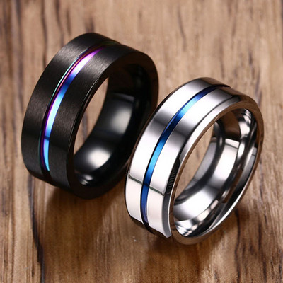 Vnox 6/8mm čierny prsteň pre mužov a ženy Groove Rainbow z nehrdzavejúcej ocele, trendy bratské prstene, ležérne pánske šperky