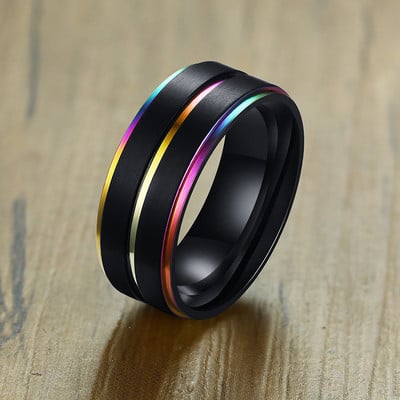 Vnox 6/8mm inel negru pentru bărbați femei Groove curcubeu benzi de nuntă din oțel inoxidabil Inele fraterne la modă bijuterii casual pentru bărbați