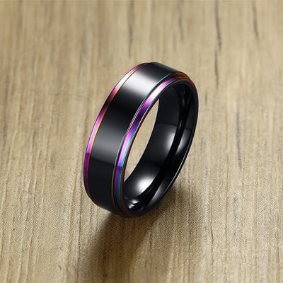 Vnox 6/8mm inel negru pentru bărbați femei Groove curcubeu benzi de nuntă din oțel inoxidabil Inele fraterne la modă bijuterii casual pentru bărbați