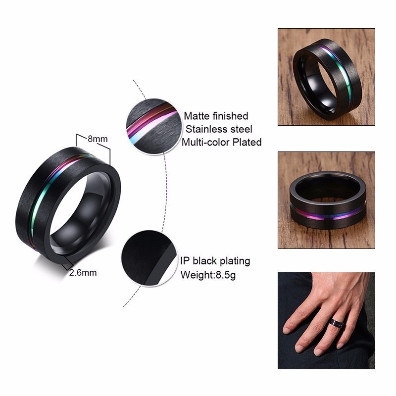 Vnox 6/8mm inel negru pentru bărbați femei Groove curcubeu benzi de nuntă din oțel inoxidabil Inele fraterne la modă bijuterii casual pentru bărbați
