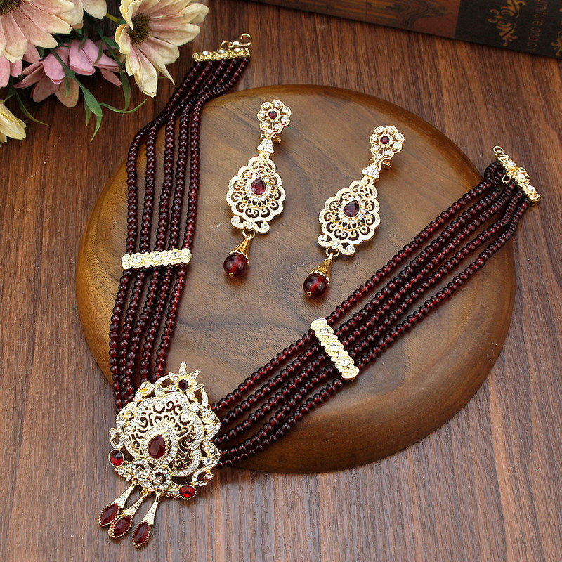 Sunspicems Maroc Mireasa Set de bijuterii de nunta Arabă Femei Colier cu margele de piatră naturală Cercei de picătură Caftan Bijoux