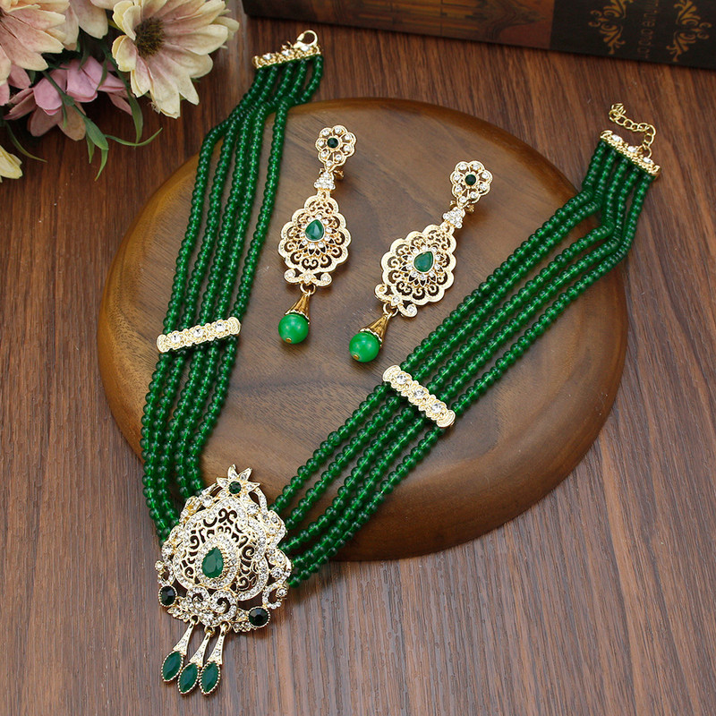 Sunspicems Maroc Mireasa Set de bijuterii de nunta Arabă Femei Colier cu margele de piatră naturală Cercei de picătură Caftan Bijoux