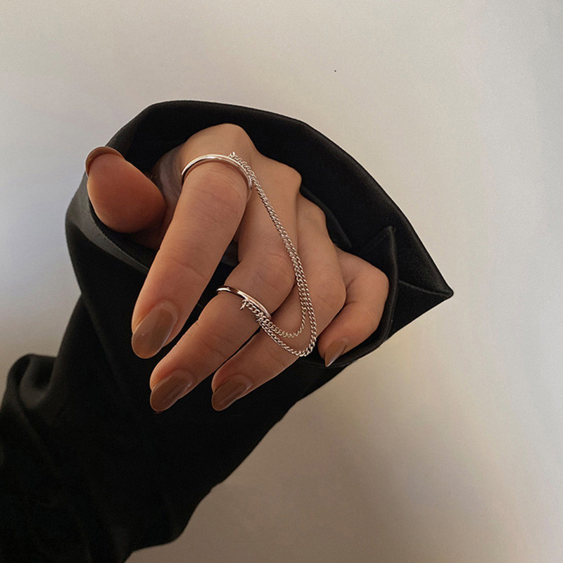 Set de inele dublu cu lanț punk de modă pentru femei, inel deschis hip hop, lanț de culoare argintiu, bijuterii geometrice de petrecere, cadouri