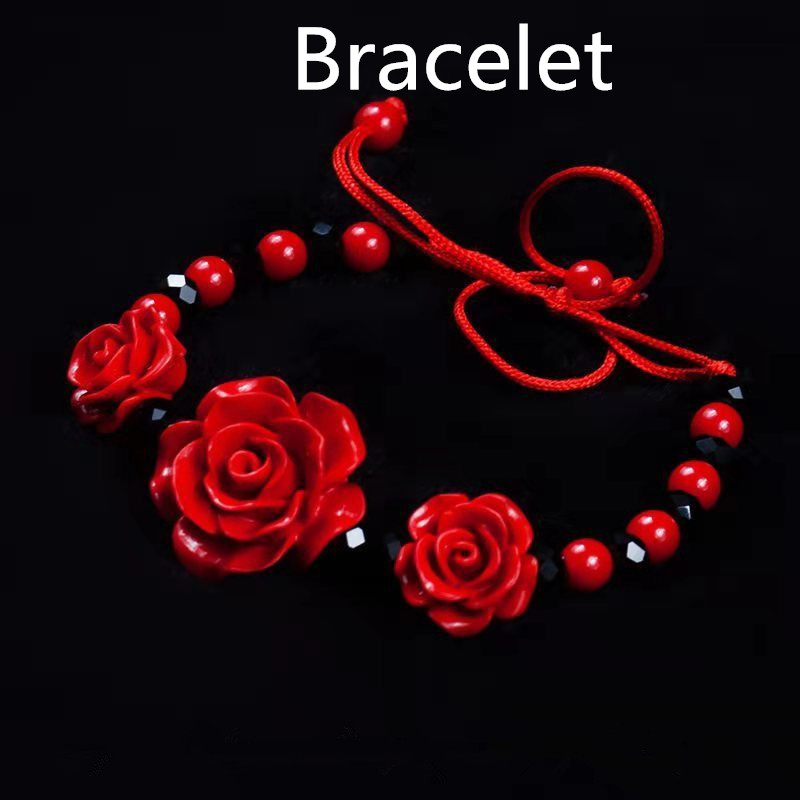 Set de bijuterii cu flori roșii norocoase pentru femei Vintage Graceful Joker Colier scurt Cercei Brățară Inele 2022 Bijuterii Graceful Joker