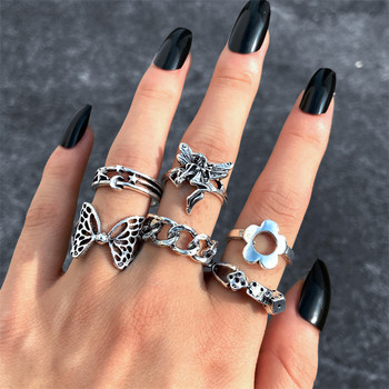 Σετ Punk Gothic Heart Δαχτυλίδι για Γυναικεία Μαύρα Ζάρια Vintage Μπαστούνια Ace Ασημί επιμεταλλωμένο Retro Rhinestone Charm Finger Jewelry