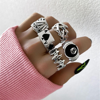 Σετ Punk Gothic Heart Δαχτυλίδι για Γυναικεία Μαύρα Ζάρια Vintage Μπαστούνια Ace Ασημί επιμεταλλωμένο Retro Rhinestone Charm Finger Jewelry