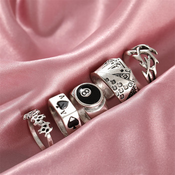 Пънк готически комплект пръстени със сърце за жени Черни зарове Винтидж Пика Асо Сребърно цветно покритие Ретро бижута с пръсти със страз