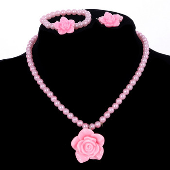 Детски бижута с имитация на перли с мъниста Най-доброто бебешко розово момиче Детски комплект бижута Цвете от роза Колие Гривна Пръстен