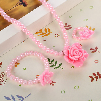 Beaded Children imitation Pearl Jewelry Best Baby Pink Girl Παιδικό σετ κοσμημάτων Κολιέ λουλούδι τριαντάφυλλο δαχτυλίδι