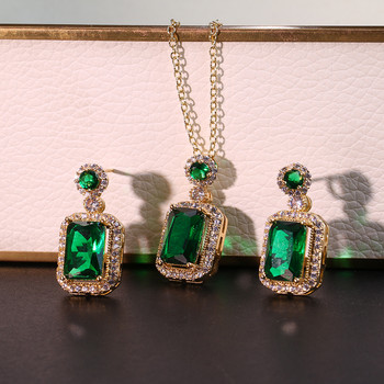 JMK Луксозни изумрудени комплекти бижута с 18-каратово позлатено покритие Модни дамски булчински комплекти обеци с кубичен циркон AAA със зелен камък