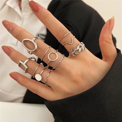 Új Korea 8db/szett Vintage színes kő fémes lánc divatos geometriájú ütőgyűrűk szett női lányoknak ékszer