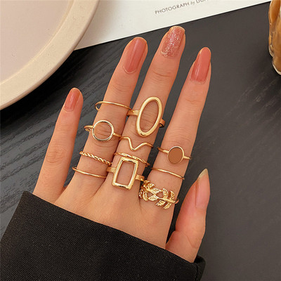 Új Korea 8db/szett Vintage színes kő fémes lánc divatos geometriájú ütőgyűrűk szett női lányoknak ékszer