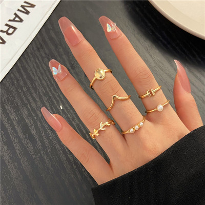 Új Korea 8db/szett Vintage színes kő fémes lánc divatos geometriájú ütőgyűrűk szett női lányoknak ékszer