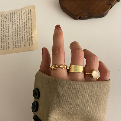 Új Korea 8db/szett Vintage színes kő fémes lánc divatos geometriájú ütőgyűrűk szett női lányoknak ékszer