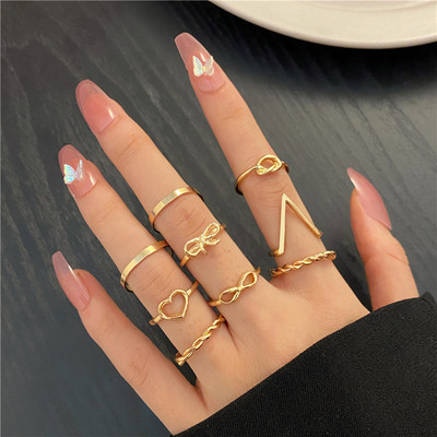 Új Korea 8db/szett Vintage színes kő fémes lánc divatos geometriájú ütőgyűrűk szett női lányoknak ékszer