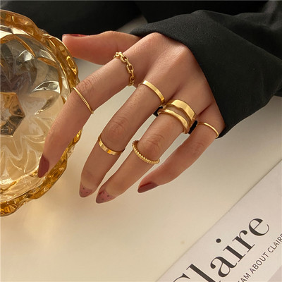 Új Korea 8db/szett Vintage színes kő fémes lánc divatos geometriájú ütőgyűrűk szett női lányoknak ékszer