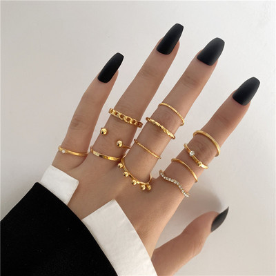 Új Korea 8db/szett Vintage színes kő fémes lánc divatos geometriájú ütőgyűrűk szett női lányoknak ékszer