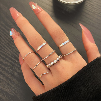 Új Korea 8db/szett Vintage színes kő fémes lánc divatos geometriájú ütőgyűrűk szett női lányoknak ékszer
