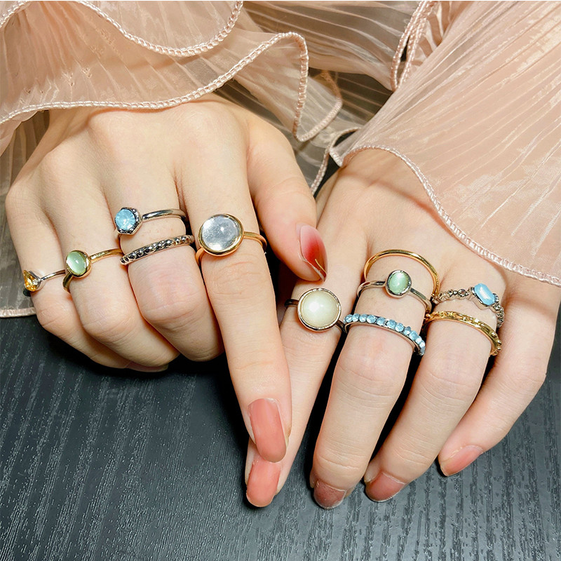 Új Korea 8db/szett Vintage színes kő fémes lánc divatos geometriájú ütőgyűrűk szett női lányoknak ékszer
