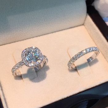 Πολυτελές εξαιρετικό ασημί χρώμα πριγκίπισσα δαχτυλίδι για γυναίκες Μόδα Ένθετα λευκές πέτρες ζιργκόν Σετ Βέρες γάμου Κοσμήματα αρραβώνων