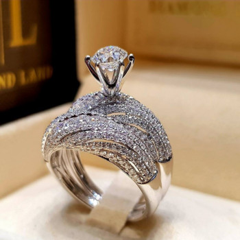 Елегантен сребърен хип-хоп пръстен за жени Луксозни инкрустирани бели циркониеви камъни Комплект сватбени пръстени Булчински годежни бижута