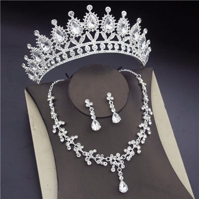 Seturi de bijuterii de mireasa din cristal coreean pentru femei Moda diademe Cercei Colier Coroana Mireasa Nunta Set de bijuterii Dubai Accesorii