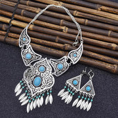 Boemia, vintage, albastru, piatră acrilică, margele, ciucuri, colier, cercei, pentru femei, India, țigan, boho, set de bijuterii etnice africane