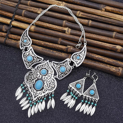 Boemia, vintage, albastru, piatră acrilică, margele, ciucuri, colier, cercei, pentru femei, India, țigan, boho, set de bijuterii etnice africane