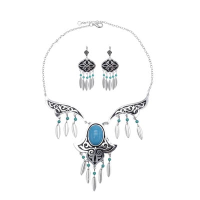 Boemia, vintage, albastru, piatră acrilică, margele, ciucuri, colier, cercei, pentru femei, India, țigan, boho, set de bijuterii etnice africane