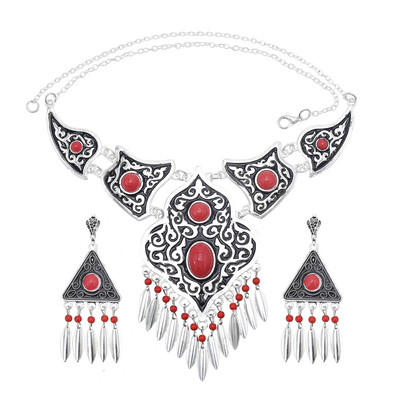 Boemia, vintage, albastru, piatră acrilică, margele, ciucuri, colier, cercei, pentru femei, India, țigan, boho, set de bijuterii etnice africane