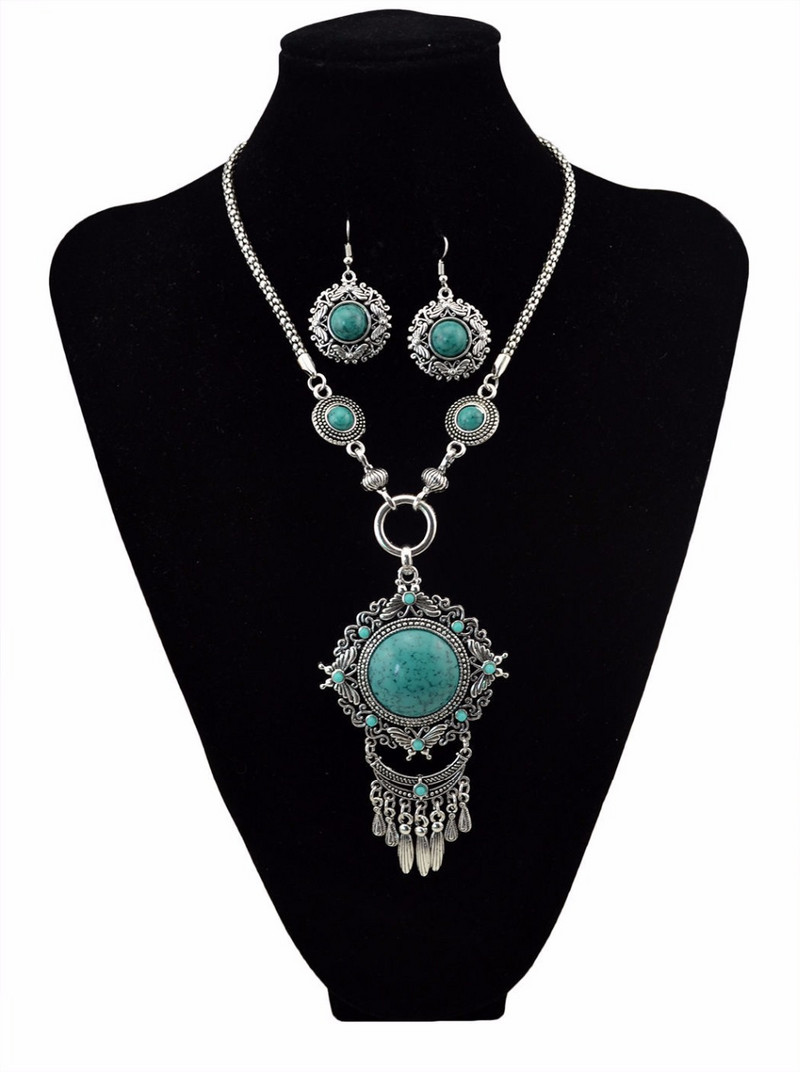 Boemia, vintage, albastru, piatră acrilică, margele, ciucuri, colier, cercei, pentru femei, India, țigan, boho, set de bijuterii etnice africane